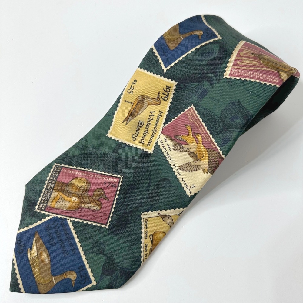 Vtg Eddie Bauer Silk Neck Tie Waterfowl Stamp Duck Geese Hunter Green Italy USA